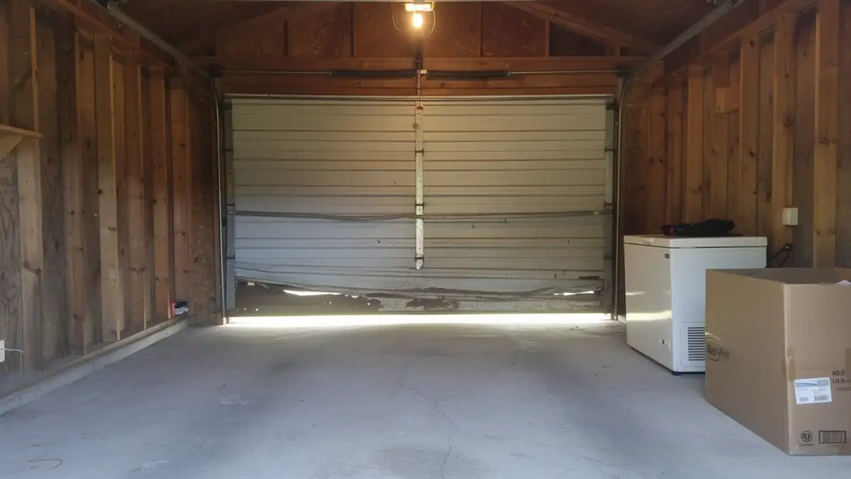 The damaged garage door is bent inward at the bottom.