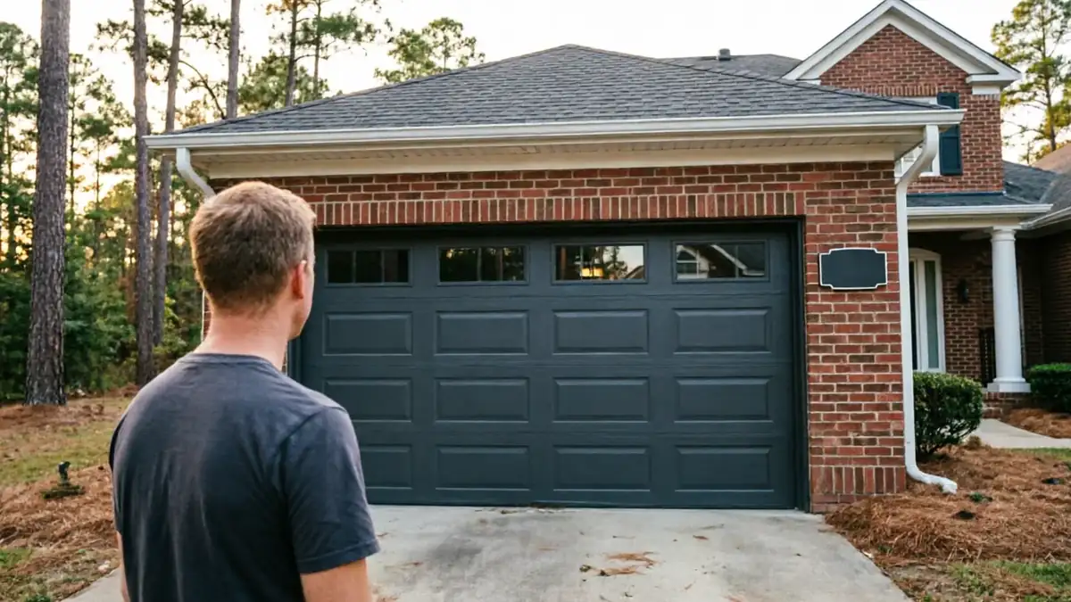 A man stands in front of a brick house with a dark gray garage door.