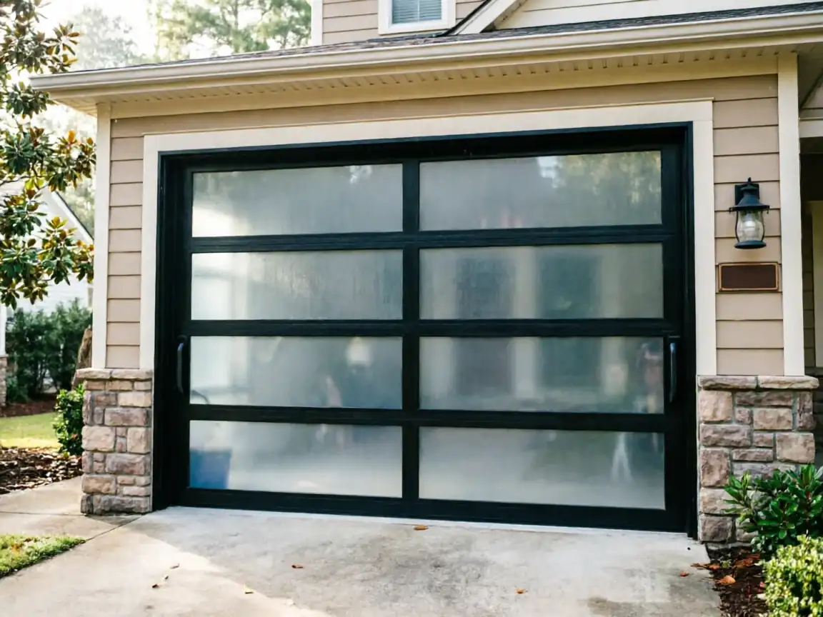 A modern black garage door with frosted glass panels is on a tan house.
