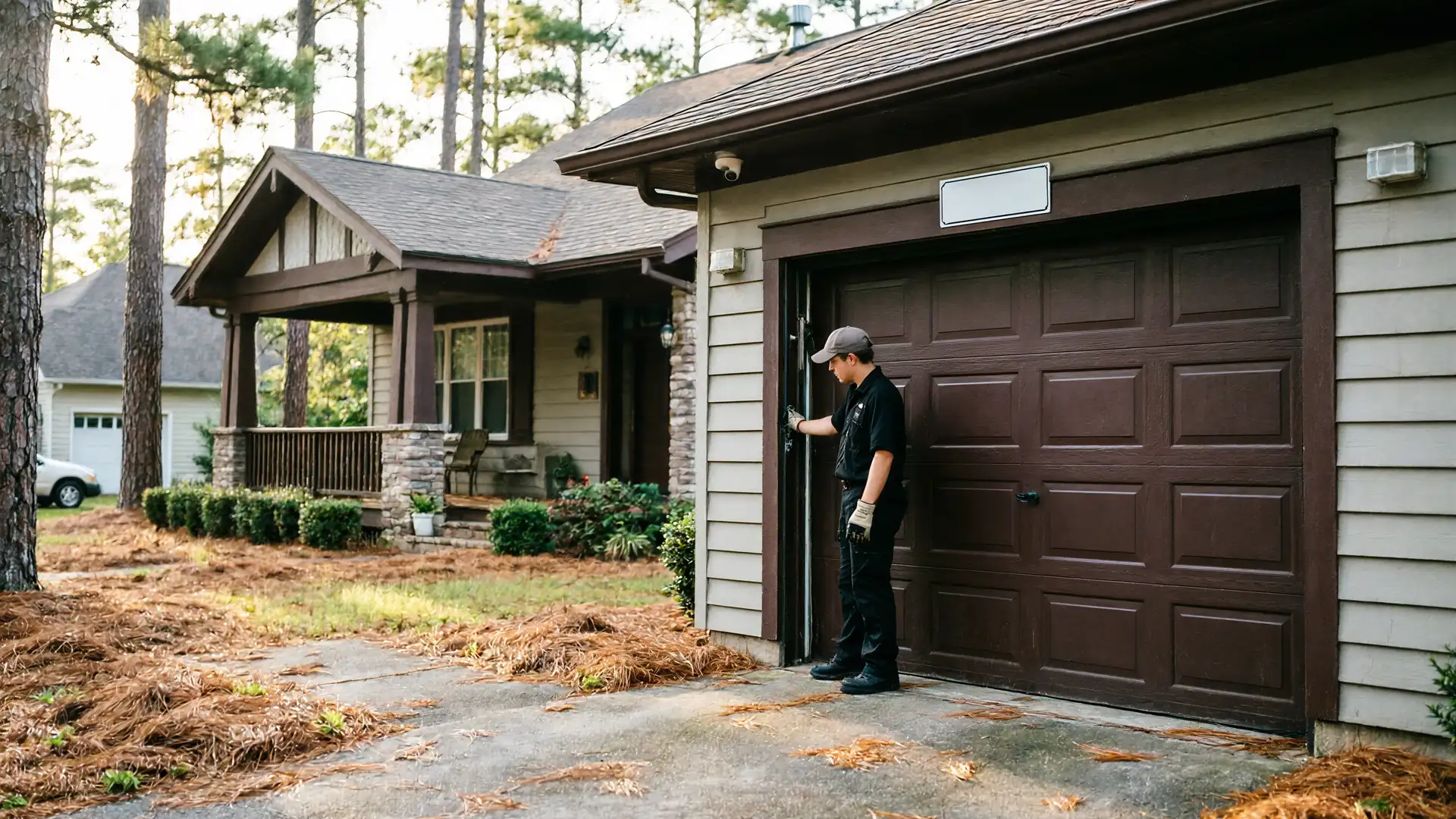 A technician in a gray cap and black uniform stands by a brown garage door.