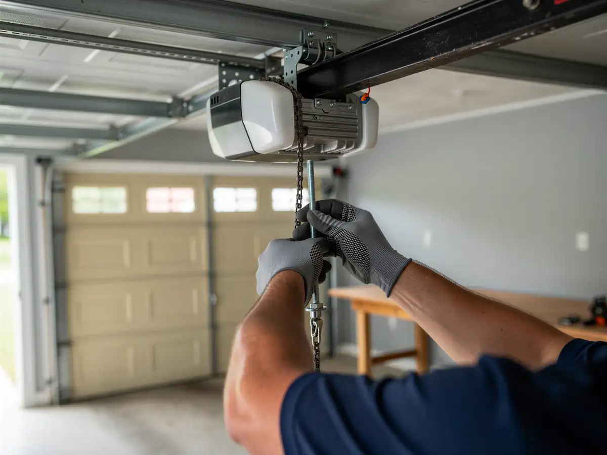 A technician in gray gloves adjusts a garage door opener chain.